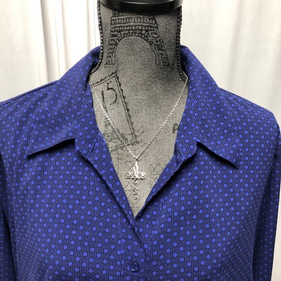 East 5th Blouse Womens Size 2X Blue Polka Dots Strips Buttons Gathered Shirt - Picture 2 of 7